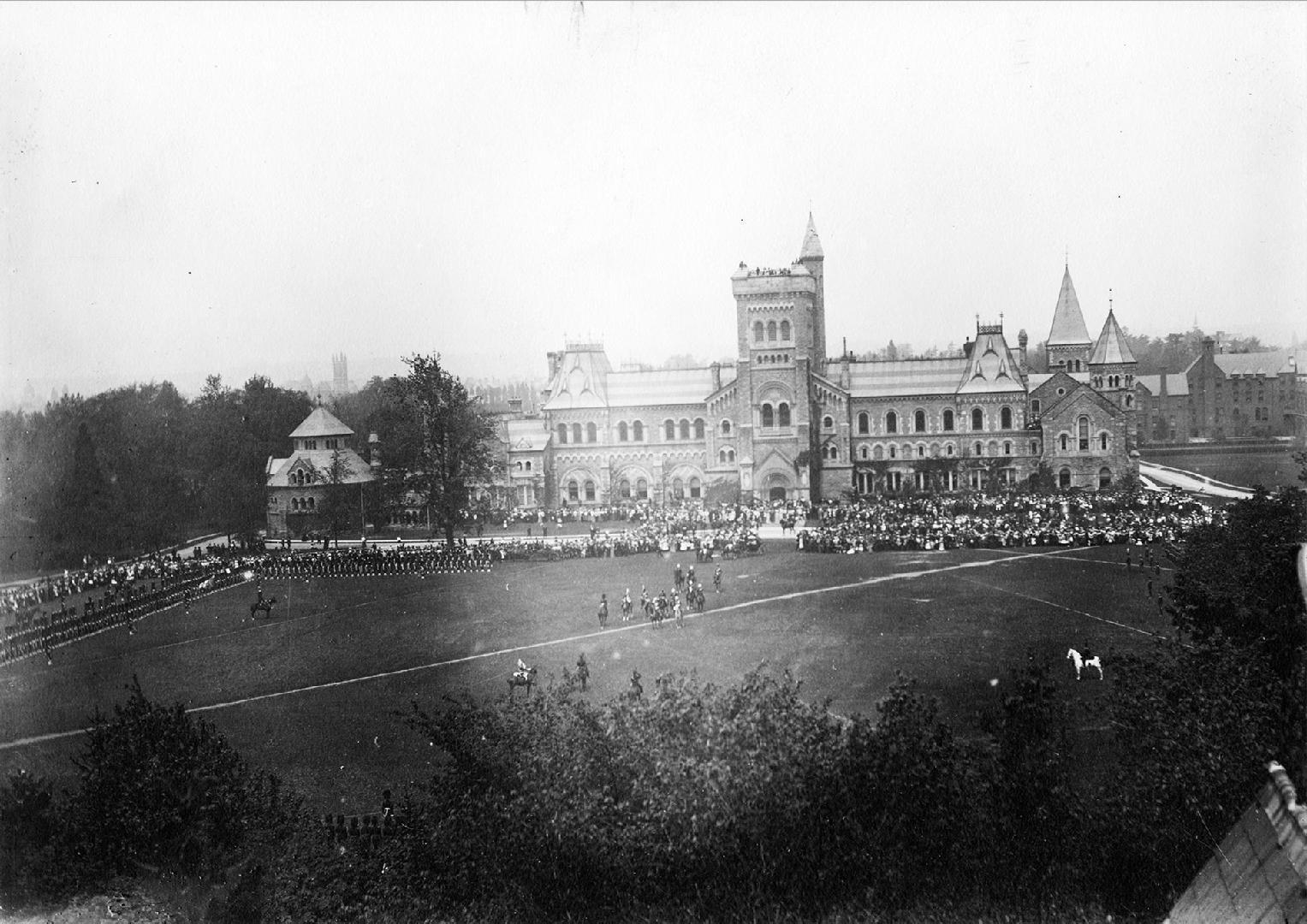 Victoria, Queen, Birthday, 1900, Queen's Own Rifles trooping the colours in front of University College