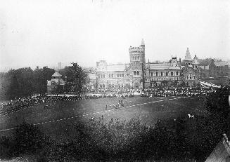 Victoria, Queen, Birthday, 1900, Queen's Own Rifles trooping the colours in front of University College