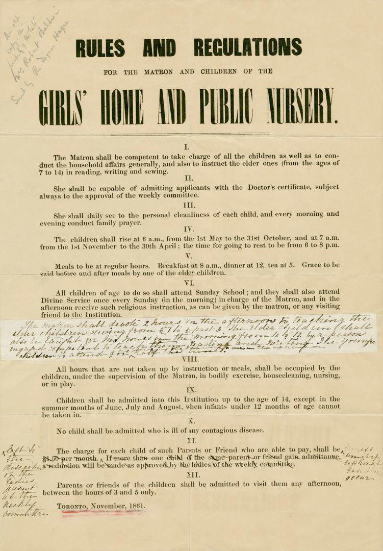 Rules and Regulations for the Matron and Children of the Girls Home and Public Nursery