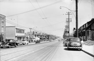 Eglinton Avenue East, looking east from east of Redpath Avenue, Toronto, Ontario. Image shows a ...