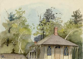 Painting shows a house on Spadina Road, east side, north of Austin Terrace, Toronto, Ontario. T ...