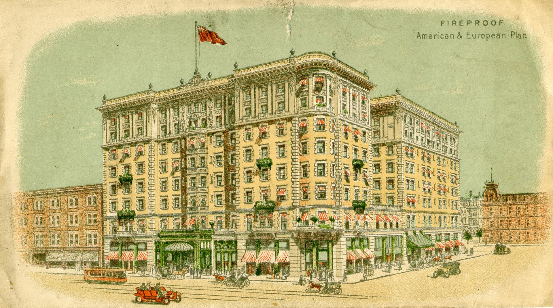 Illustration of the King Edward Hotel. Cars from circa 1910 era are pictured on the road as wel…