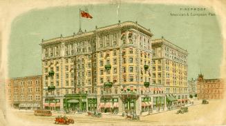 Illustration of the King Edward Hotel. Cars from circa 1910 era are pictured on the road as wel…