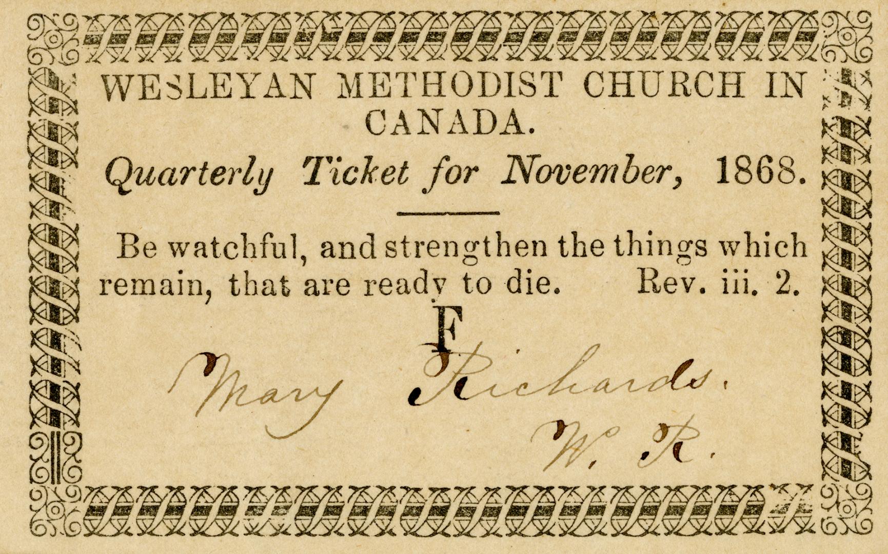 Wesleyan Methodist Church in Canada Quarterly Ticket for November, 1868