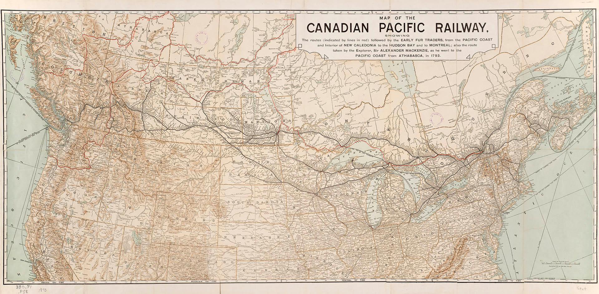 Map of the Canadian Pacific Railway, showing the routes (indicated by lines in red) followed by the early fur traders