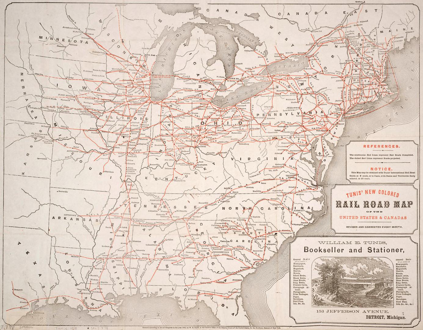 Tunis' new colored rail road map of the United States & Canadas