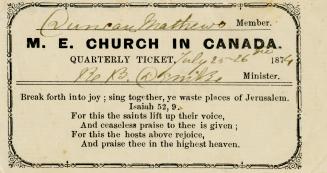 M. E. Church in Canada Quarterly Ticket, 1874