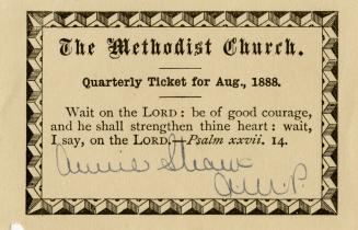 Methodist Church Quarterly Ticket for August, 1888