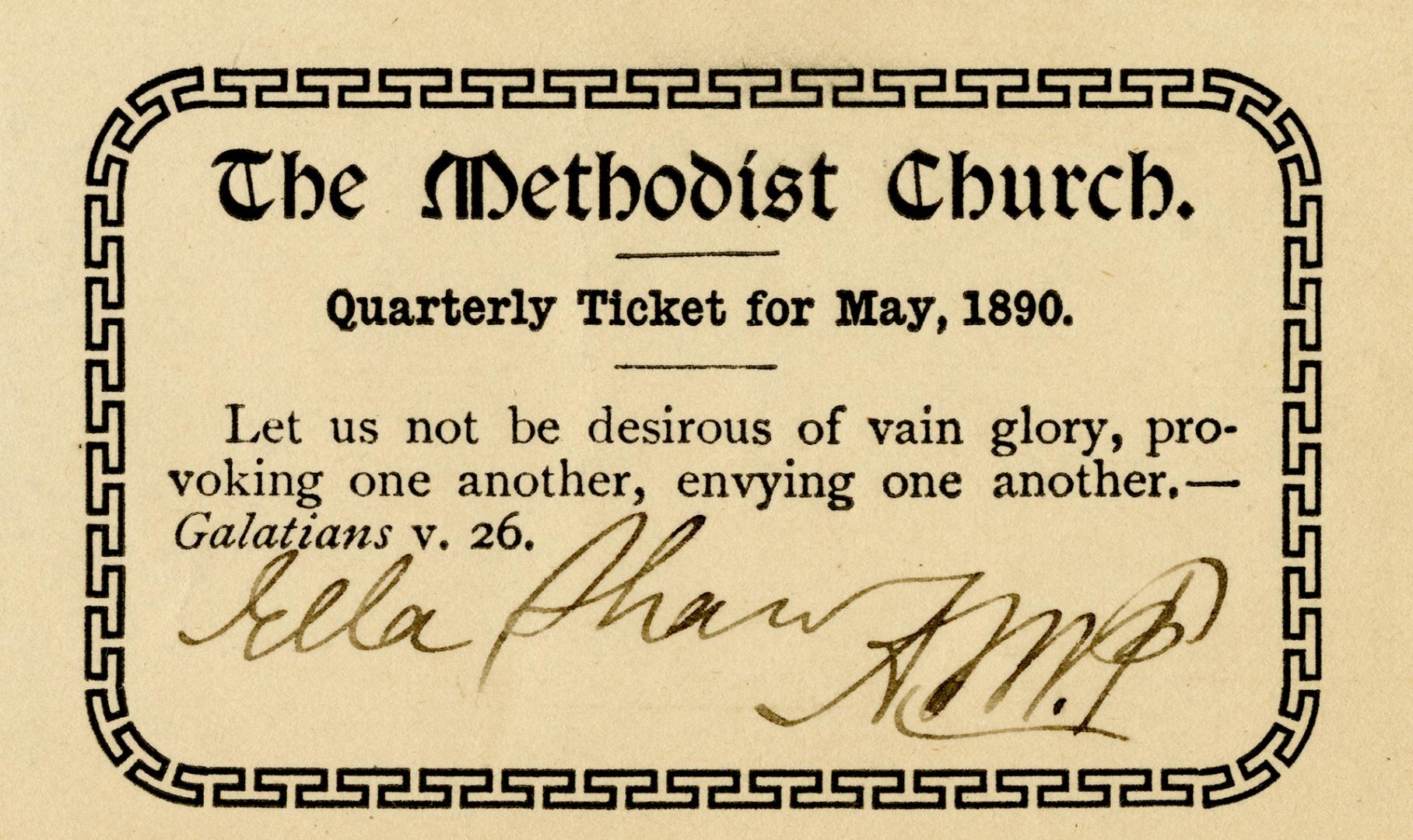 Methodist Church Quarterly Ticket for May, 1890