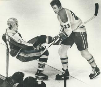 Thump! Maple Leafs' Borje Salming is crunched to the ice by a solid bodycheck from Montreal's Bob Gainey during Habs' 5-1 victory last night. Now, who(...)