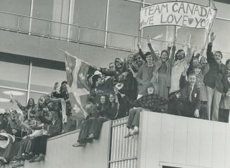 Montreal welcome. Jubilant Montreal fans express their delight at the return of Team Canada with a welcome that resembled a love-in
