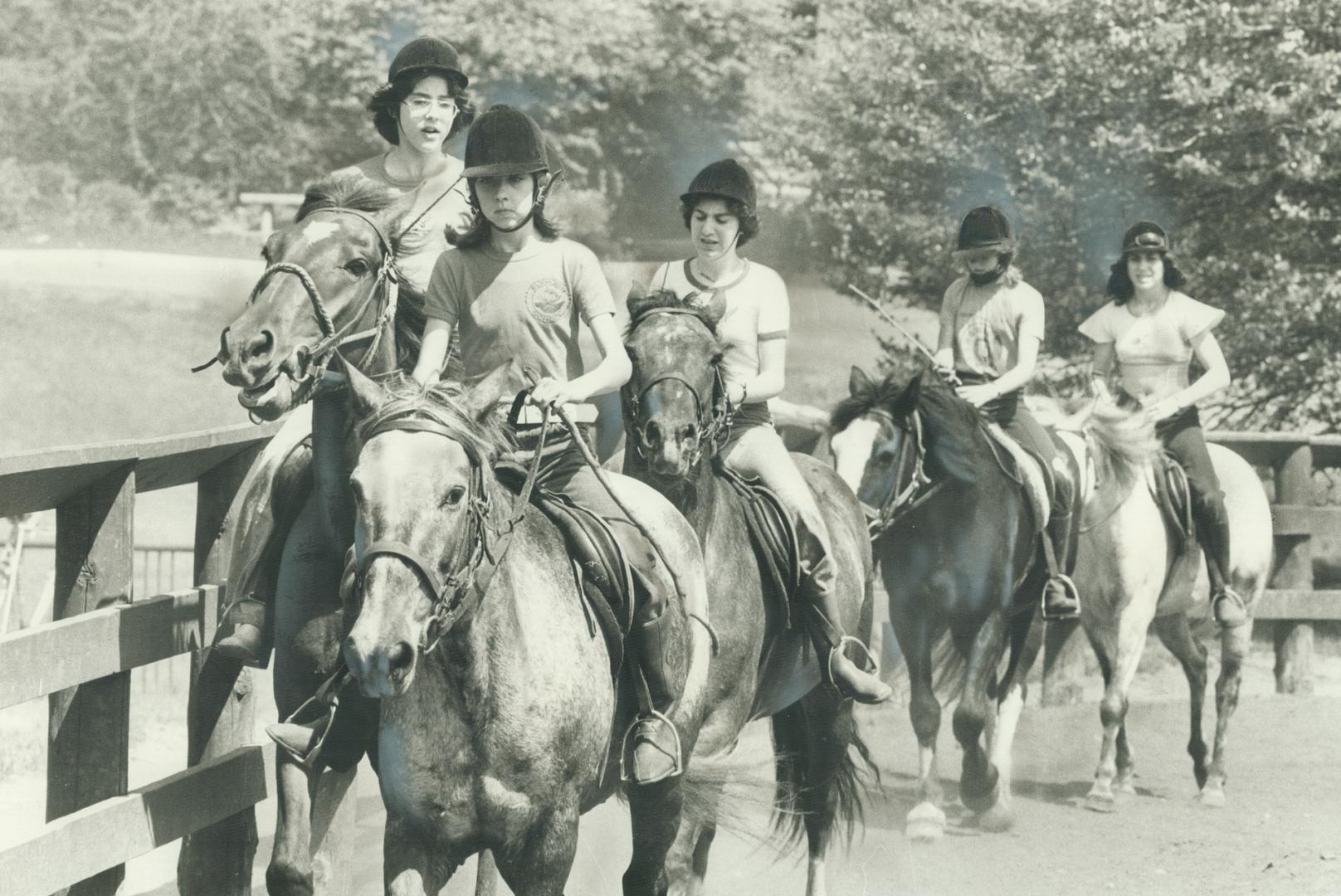 Youngsters hacking in Sunnybrook Park are part of a group registered for lessons with the YMCA, they get their lessons at the Central Don Stables