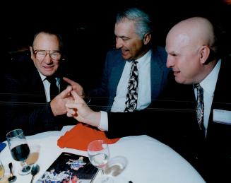 Ex-Leaf goalie Johnny Bower, with former teammates Andy Bathgate, and Carl Brewer