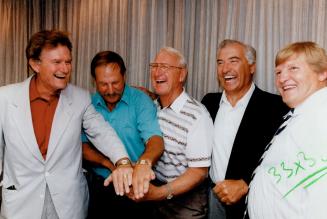 Happy day: Ex-NHLers, from left, Allan Stanley, Eddie Shack, Leo Reise, Andy Bathgate and Keith McCreary celebrate court ruling yesterday
