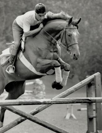 Soaring to new heights: Bompago, the 1983 Queen's Plate winner now training to be a competitive show jumper, is shown working with conditioner Jim Elder