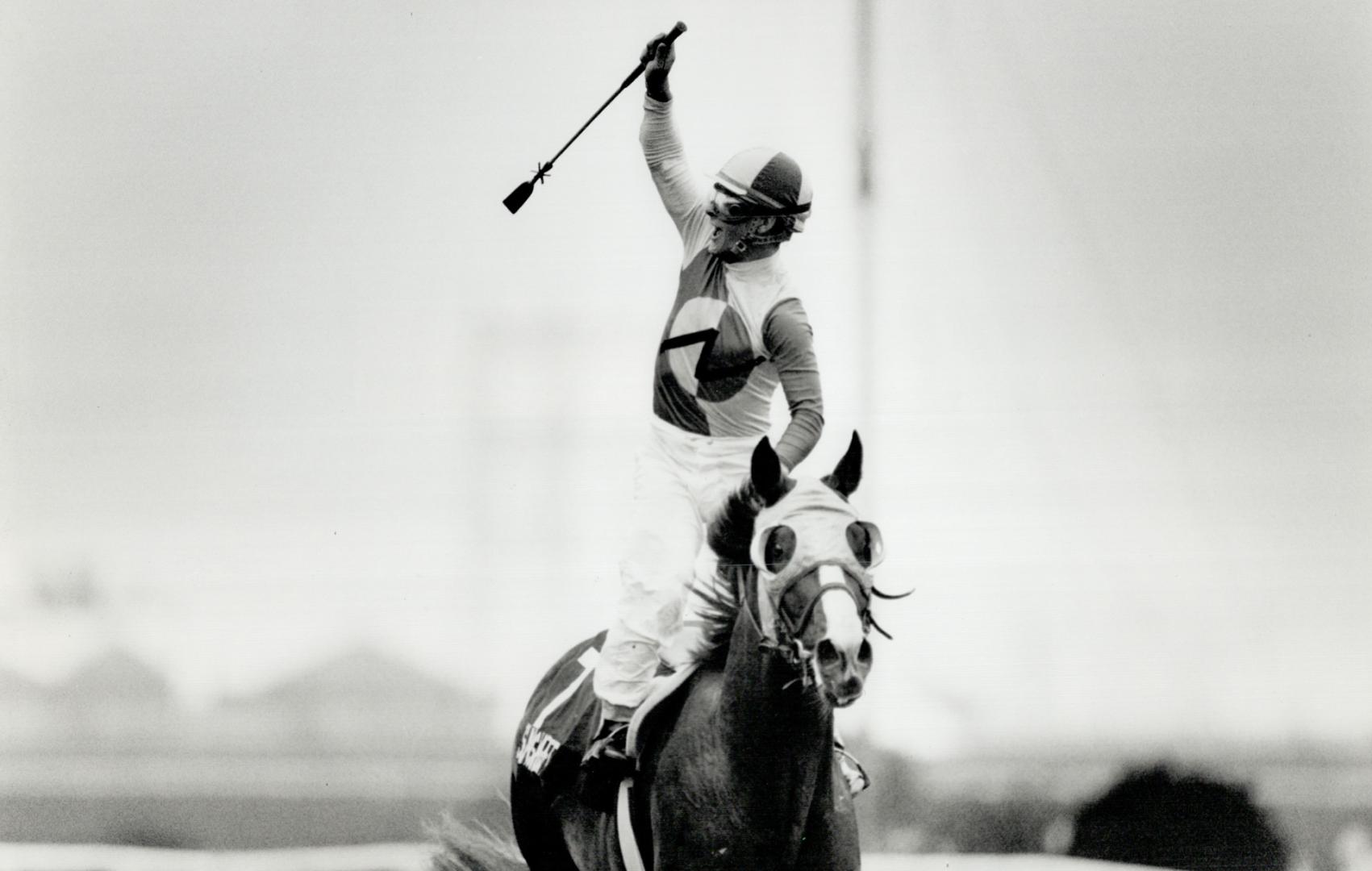 Whipped: Daniel David strikes a victory pose but his horse, Sunshaft, was well beaten in Breeders'
