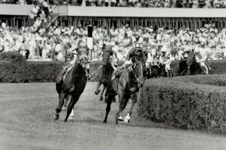 Million-Dollar kick: Dance Smartly, left, turns on the afterburners and roars past Shudanz on the way to an eight-length victory and a $1 million bonus in the Breeders' Stakes yesterday at Woodbine