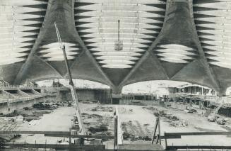 The pear-shaped, skylight-studded roof of the velodrome, centre for cycling events at 1976 Olympic Games