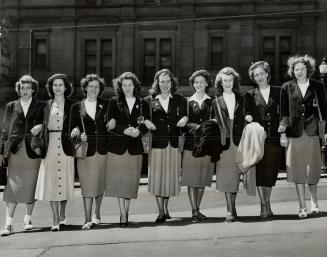 Canadian girls who will compete in the Olympics in England, shown before leaving Montreal on a special train which was hours late, are: Pat Jones, New(...)