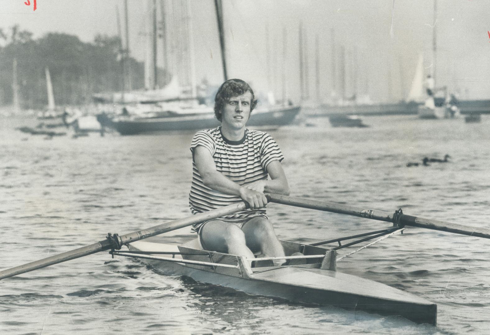 A pleasant scull session off sunnyside, Oarsman Andy Wyrobek of the Argonaut  Rowing Club finds the sunny, balmy autumn weather ideal for sculling  last(...) – All Items – Digital Archive : Toronto Public Library