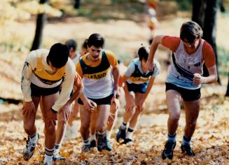 Very tired boys race up a hill through autumn leaves.