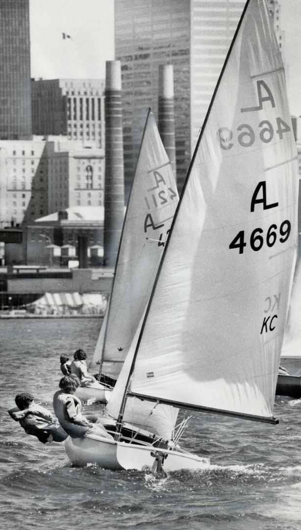 Some lessons are a breeze, Boats of the Albacore class across Toronto harbor with their crews balancing them