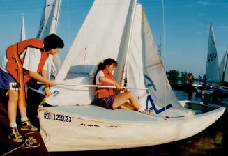 New members of westwod Sailing Club learn the basics in Albacores: Left to right: Marg Vaillancourt and Leslie McShane get set to sail, Jane Drury sets out on her maiden voyage