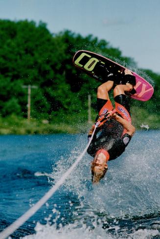 Brampton water skier Ryan Bush turns a somersault at his parents' water ski centre in Bala