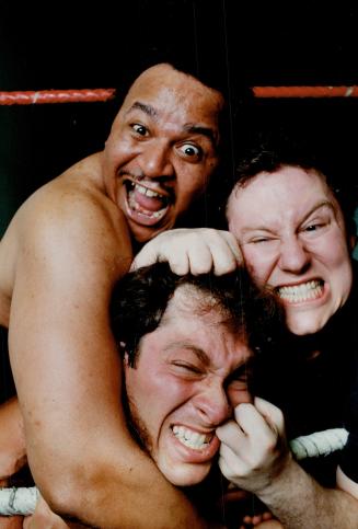 Noodle-Rama Trio: Hours before Wrestlemania VI, Super Noddle (middle) will take on the Bland Brothers, Ricky (left) and Ron, in an outdoor wrestling demonstration Sunday