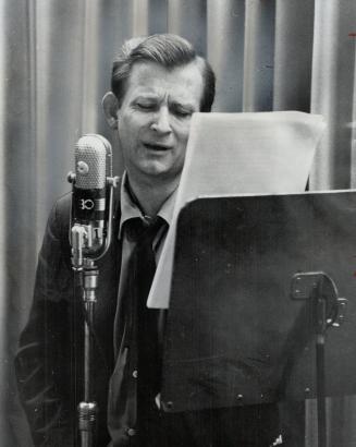 A cramped CBC radio studio, actors Sean Mulcahy, Larry Beattie and Gillie Fenwich