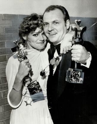 Helen Shaver (best actress) and Richard Gabourie (best actor) enjoy prizes at the Canadian Film Awards ceremonies in Ryerson Theatre last night. [Incomplete]