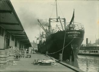 Image shows a ship docked at the Harbor.