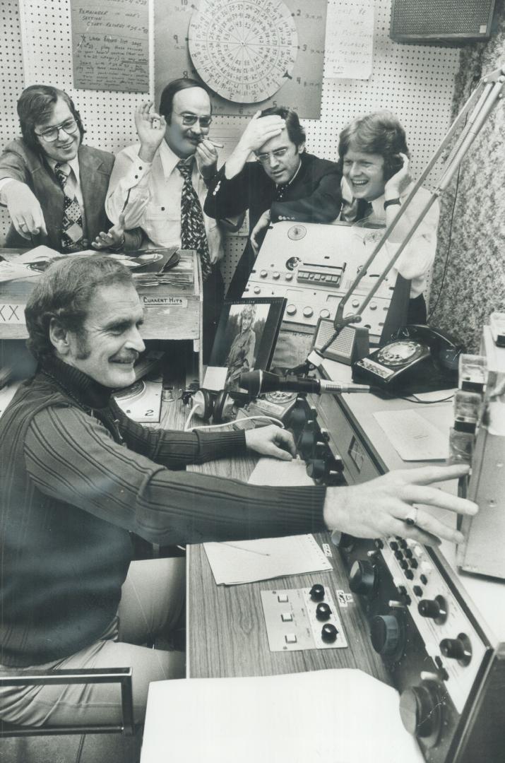 CHOO Radio's impetus is coming from the men hamming it up in a station studio: Bill Johnson, at the controls, and behind him (from left) Paul Scott, Brian Barker, Justin McCarthy and Neil Sutherland