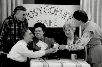 Memorable Show: From left, Art King, Christine Percy, Flora Murray, Meg Penman and Charlotte Jarvis rehearse a scene from Cosy Corner Cafe