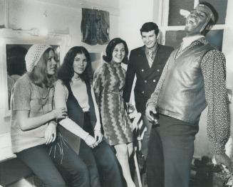 Joe Clark (right) enjoys a joke with the other members of the cast of Hair, (left to right) Laurel Ward and Rachel Jacobson, and with Pam and Dick Ste(...)