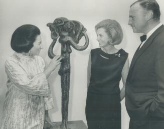 Bronze sculptures by Jacques Lipehitz were on display last night at the opening of Toronto's newest art gallery, the Dunkelman, Here, Mrs. Ben Dunkelm(...)