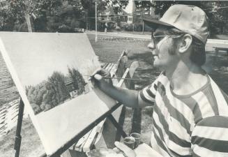 Vojislav Morosan works on oil painting of Milton mill pond and old barn on the pond