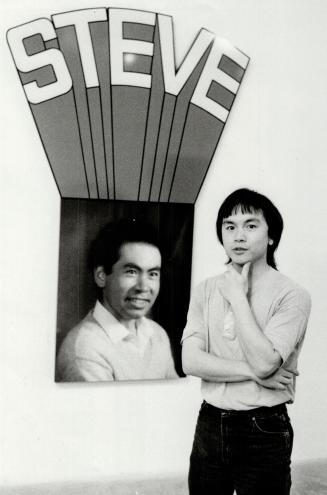 Ken Lum: Young artist poses with Steve, one of his dramatic combinations of photographs and logos at the Ydessa Gallery