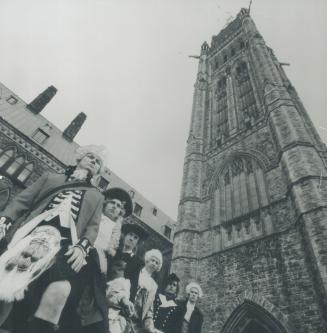 Beside the peace tower, six figures out of Canada's past, Servicemen in east of tattoo portray (from left)