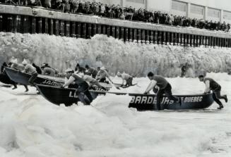 Most spectacular event of carnival is the ice canoe race across the floes and freezing waters of the St