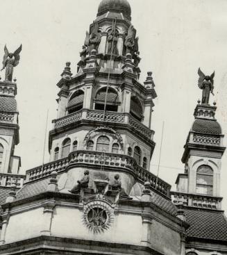 Spires of old Bonsecours church, Montreal, which over-looks the harbor, and is specially dedicated to sailors