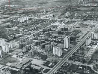 Aerial view of Mississauga shows the ever-expanding residential development including high-rise apartment buildings and dwellings
