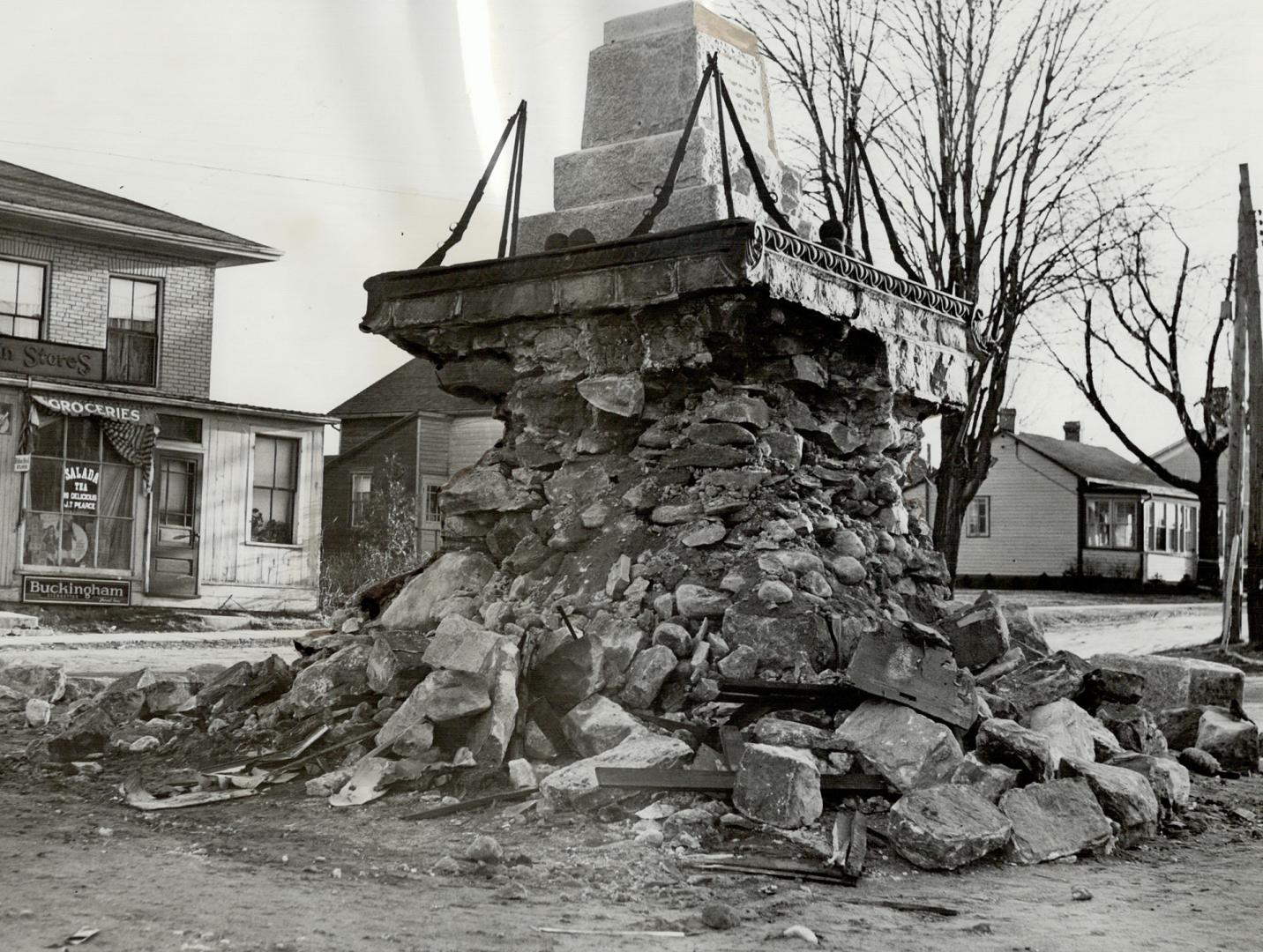 Smashed monument, Newtonville, April 26 - Newtonville war memorial was demolished and two men went to hospital yesterday after a collision between a car and a heavy transport truck