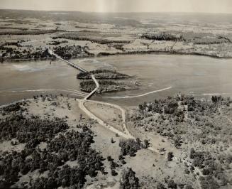Aerial view of bridge over Ottawa river connecting Ottawa and Hull to the east