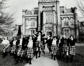 A group of students bursts from the doors of Trafalgar Castle School in Whitby, ready for a break