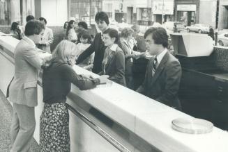 Male tellers, common in early '50s, are reappearing in banks like the Commerce (far left), there are even some male secretaries like Bruce Evoy (left), assistant to a woman at the CTV network