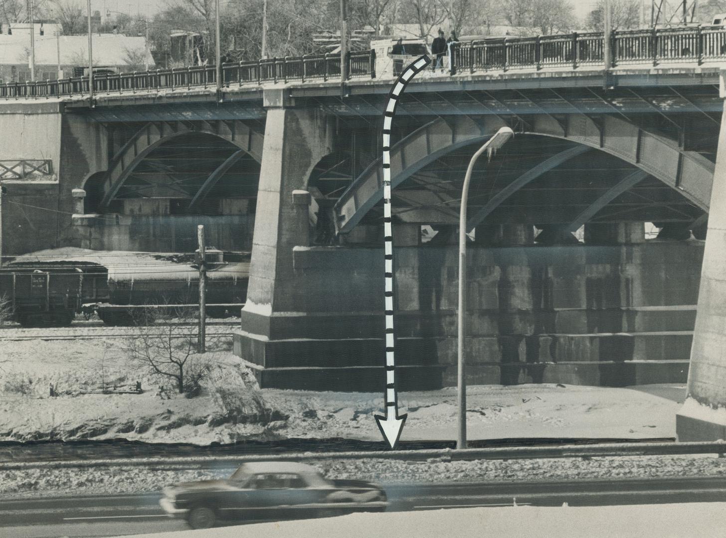 Two die in Don river plunge. Dotted line shows the path taken by a car on the Gerrard St. bridge early today when it went out of control on the snow-r(...)