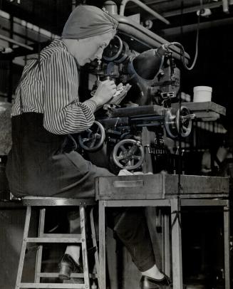 First girl to start work at the Inglis plant, 18 months ago, was Vera Rogers, above, who has worked all the machines in the Bern gun shop. But she is leaving soon to get married