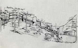 Historic photo from Tuesday, April 27, 1965 - Ontario Science Centre - sketch of the buildings on the side of the Don River ravine in Don Mills
