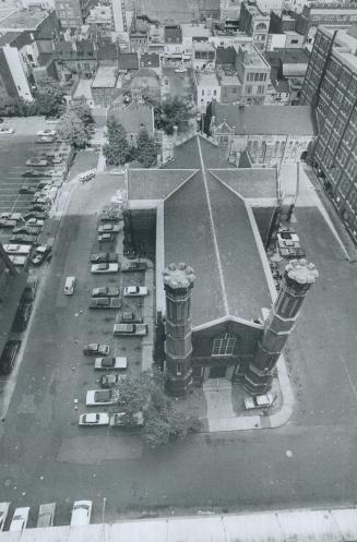 Holy Trinity Church, seen from the top of Eaton's Warehouse, looking east toward Yonge St